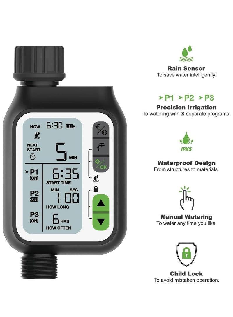 ماكدو مؤقِّت رقمي لسقي الحدائق - مؤقِّت رشاش قابل للبرمجة مع شاشة LCD كبيرة، تذكير بالري في الوقت المحدد، وضع الري اليدوي، مقاوم للماء IP65 - Image 4