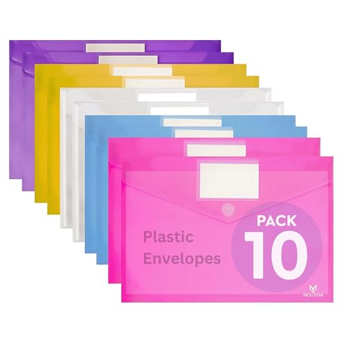 MOOTANI 10 Pack Plastic Envelopes, Folders for Documents, Poly Envelopes A4/US Letter Size, Plastic File Folders with Label Pocket, File Envelopes for School, Office & Home, 5 Assorted Colors - Image 1