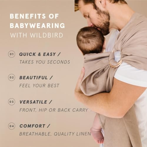WildBird - Ring Sling Baby Carrier - 0-36 Months (up to 35 lbs) - Standard (74") Desert Lark & Bronze Ring - Front, Hip or Back Carry - Adjustable Fit - Natural Linen - Baby Essentials - New Mom Gifts - Image 4