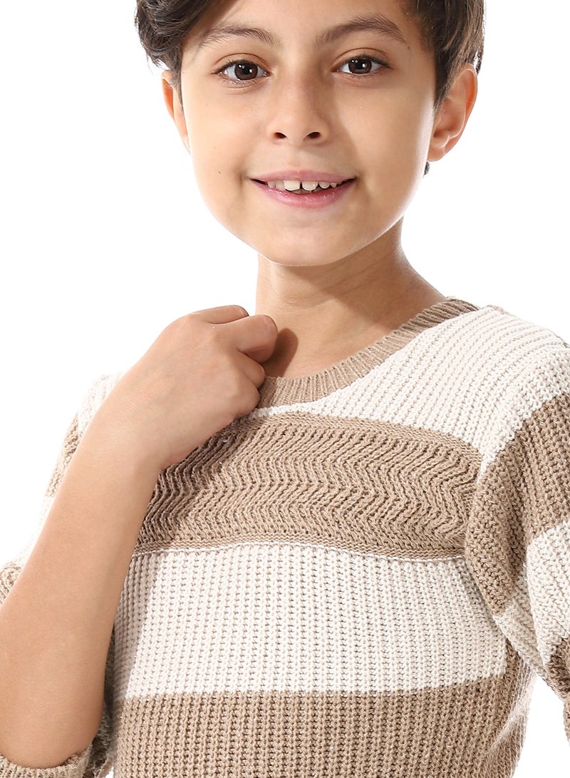 Andora Off White And Beige Wide Stripes Slip On Boys Pullover_Beige - Image 4