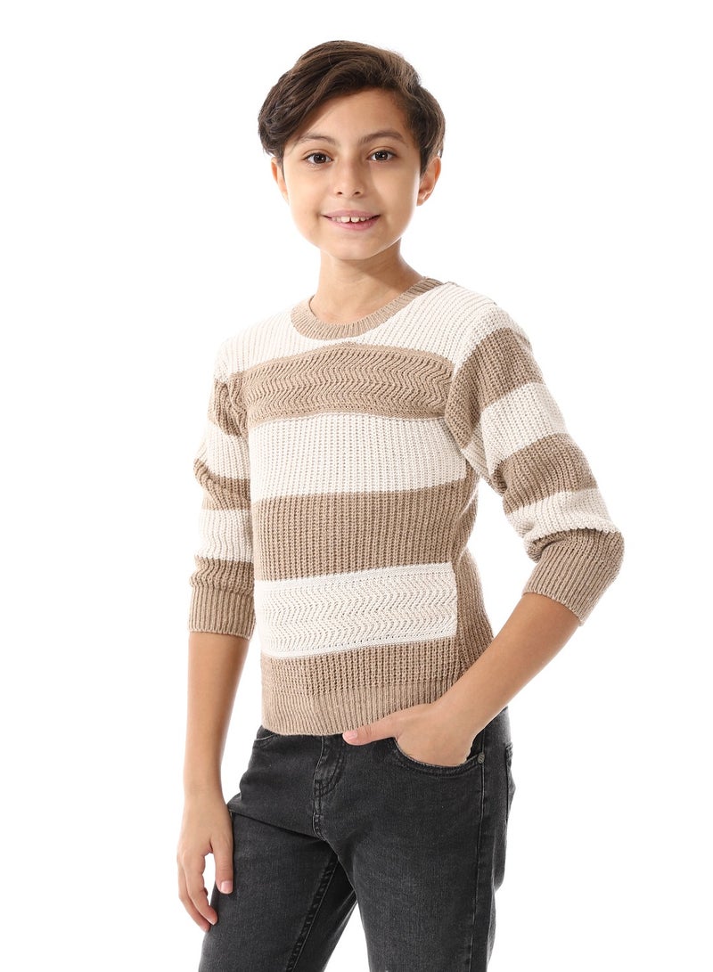 Andora Off White And Beige Wide Stripes Slip On Boys Pullover_Beige - Image 2