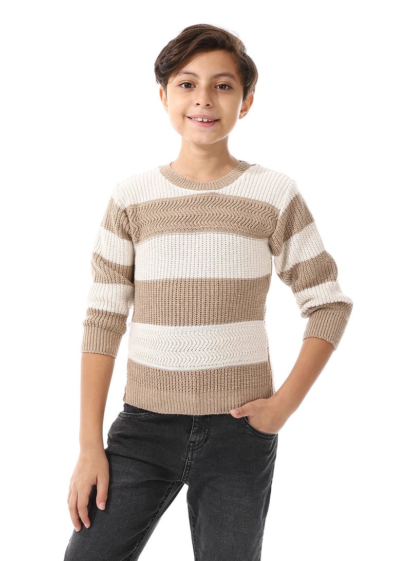 Andora Off White And Beige Wide Stripes Slip On Boys Pullover_Beige - Image 1