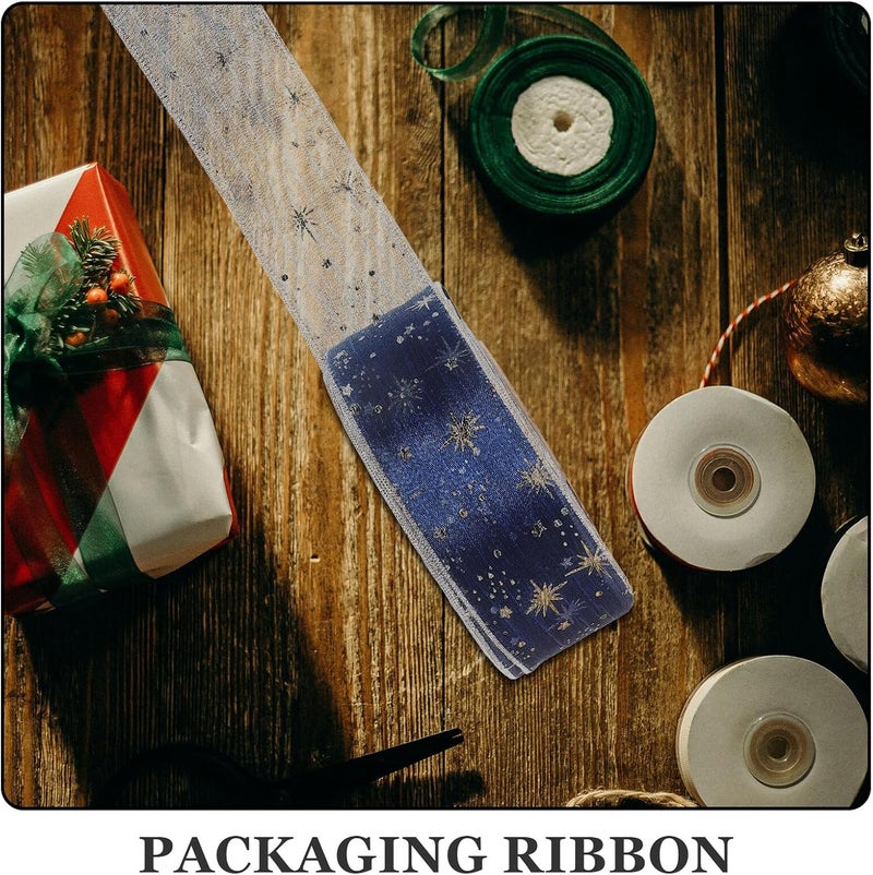 MAGICLULU 4cm Dark Blue Tulle Ribbon Gold Foil Stars, Wide Glitter Curling Ribbon Roll for DIY Wrapping, Wedding Decorations, Birthday Party Crafts, and Floral Bouquets - Image 3