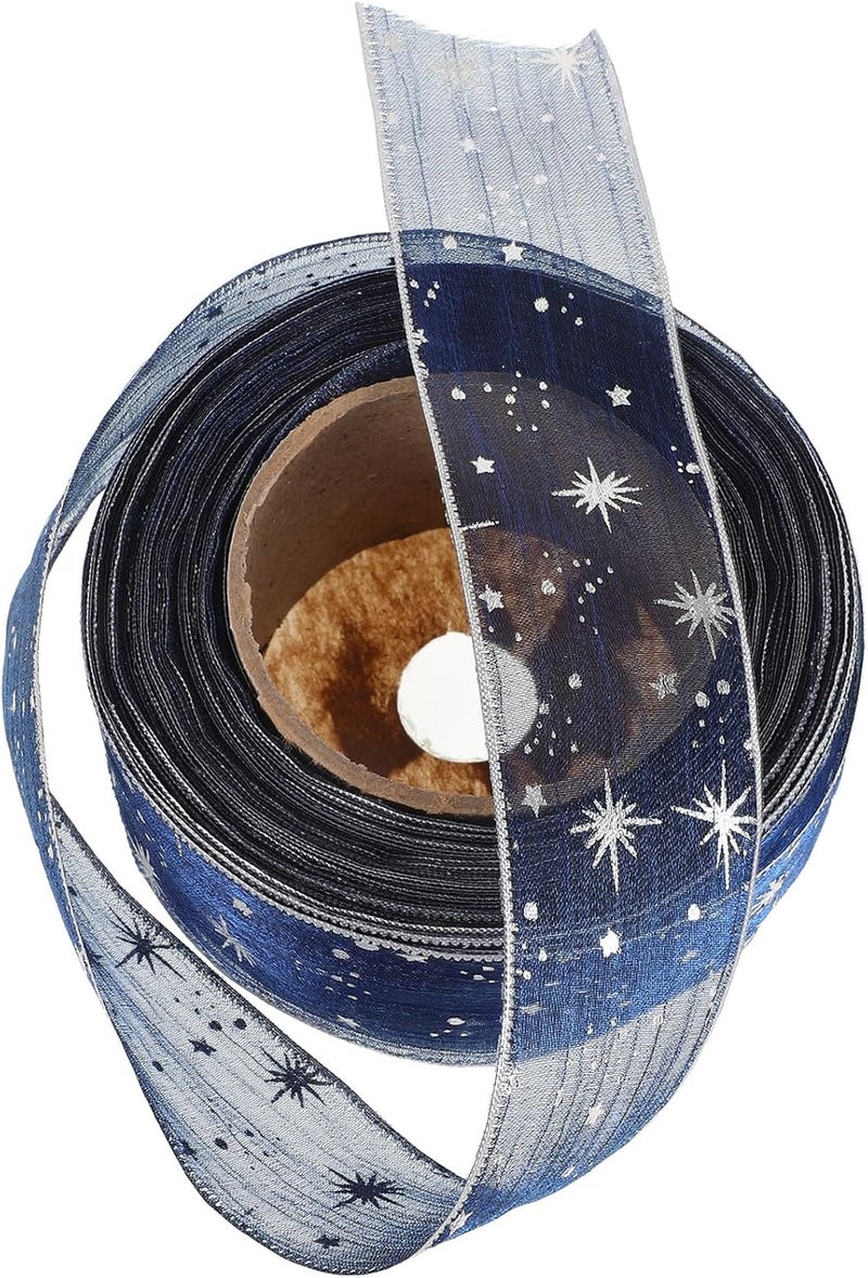 MAGICLULU 4cm Dark Blue Tulle Ribbon Gold Foil Stars, Wide Glitter Curling Ribbon Roll for DIY Wrapping, Wedding Decorations, Birthday Party Crafts, and Floral Bouquets - Image 1