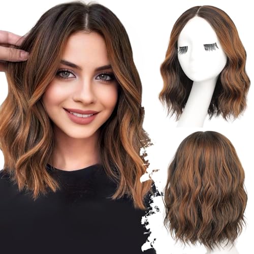 Eawwii Dark Brown Mixed Chestnut Short Wavy Wig for Women Lace Hairline Bob Style Synthetic Heat Resistant - Natural Appearance for Everyday Hairstyle 14 Inch - Image 1