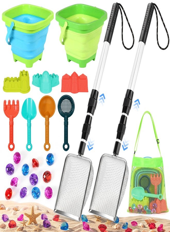 HUITEM Beach Sand Toys Set with 2 PCS Adjustable Shark Tooth Sifter, Collapsible Beach Bucket,Sandbox Shovels,Sand Castle Kit,Diving Gem,Seashell Bags,Sand Sifter Shell Scooper Beach Essentials for kids 3-12 - Image 1
