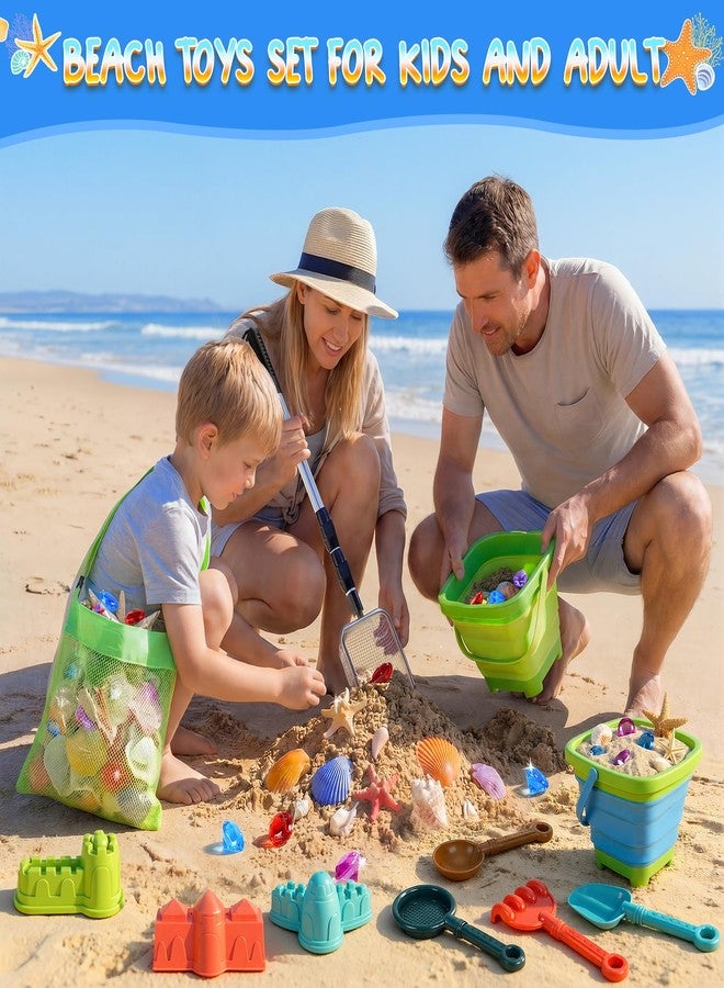 HUITEM Beach Sand Toys Set with 2 PCS Adjustable Shark Tooth Sifter, Collapsible Beach Bucket,Sandbox Shovels,Sand Castle Kit,Diving Gem,Seashell Bags,Sand Sifter Shell Scooper Beach Essentials for kids 3-12 - Image 4