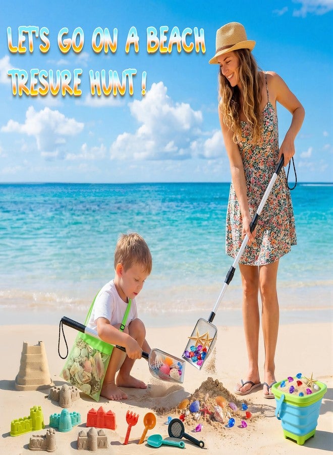 HUITEM Beach Sand Toys Set with 2 PCS Adjustable Shark Tooth Sifter, Collapsible Beach Bucket,Sandbox Shovels,Sand Castle Kit,Diving Gem,Seashell Bags,Sand Sifter Shell Scooper Beach Essentials for kids 3-12 - Image 3