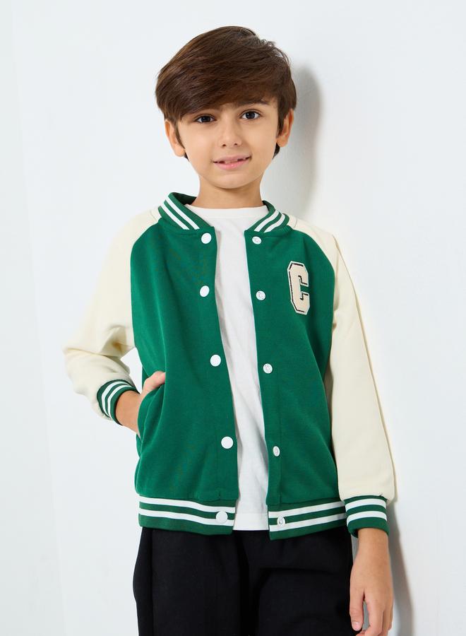 Styli Boys Green Color Block Bomber Jacket - Image 1