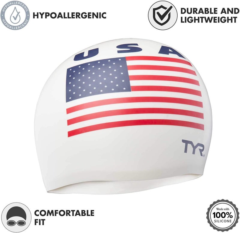 TYR USA Silicone Swim Cap - One Size, White with American Flag Design - Image 2