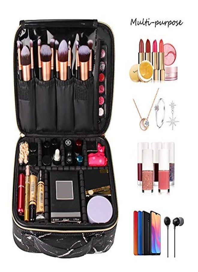 INOVERA (LABEL) - Pu Professional Cosmetic Makeup Kit Storage Organizer Travel Toiletry Vanity Bag With Adjustable Compartment, 26L X 23B X 9H Cm (Black Marble) - Image 1