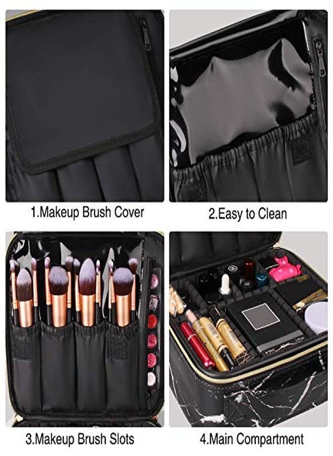 INOVERA (LABEL) - Pu Professional Cosmetic Makeup Kit Storage Organizer Travel Toiletry Vanity Bag With Adjustable Compartment, 26L X 23B X 9H Cm (Black Marble) - Image 1