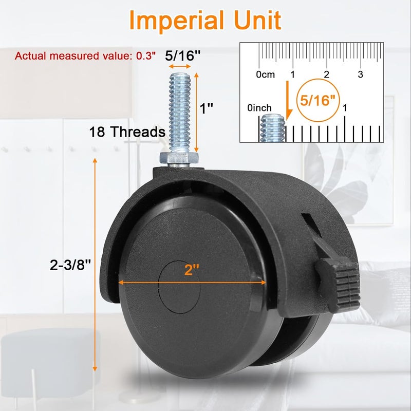 AAGUT 2 Inch Swivel Stem Casters with Locking Brakes for Furniture and Shelves,Threaded UNC 5/16"-18x1 (Diameter 5/16", Length 1"), Black Replacement Caster Set of 4 - Image 2