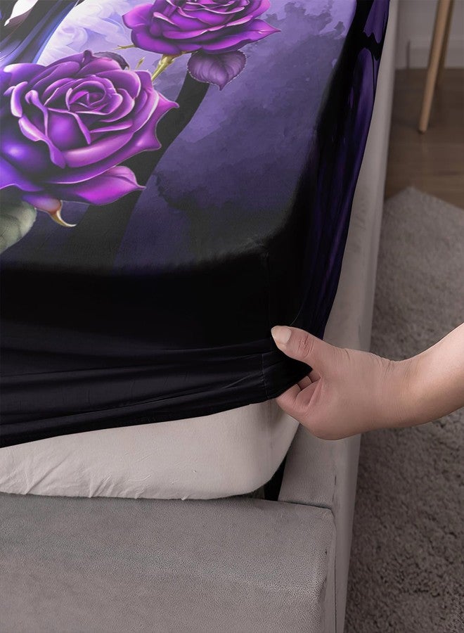 HOSIMA Death Skull Heads Twin Size Gothic Bedding Sets,Horror Theme Halloween Bedding Purple Floral Fitted Sheet Boho Sets for Teen Girls Boys Room Decor,1 Fitted Sheet+2 Pillowcases. - Image 5