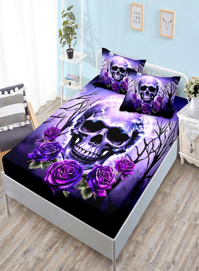 HOSIMA Death Skull Heads Twin Size Gothic Bedding Sets,Horror Theme Halloween Bedding Purple Floral Fitted Sheet Boho Sets for Teen Girls Boys Room Decor,1 Fitted Sheet+2 Pillowcases. - Image 1