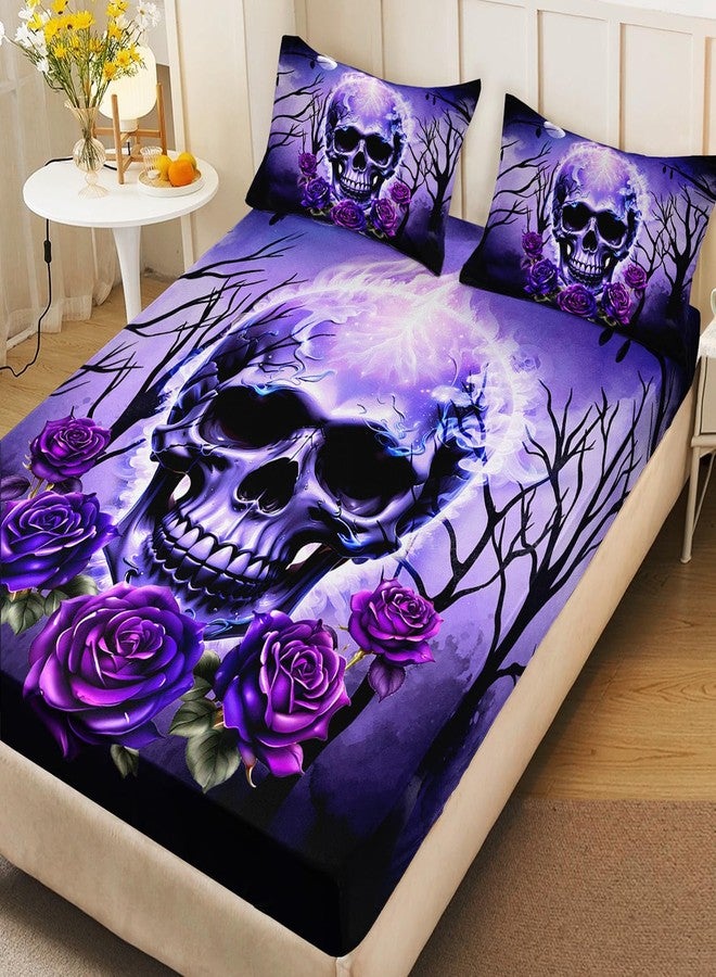 HOSIMA Death Skull Heads Twin Size Gothic Bedding Sets,Horror Theme Halloween Bedding Purple Floral Fitted Sheet Boho Sets for Teen Girls Boys Room Decor,1 Fitted Sheet+2 Pillowcases. - Image 4