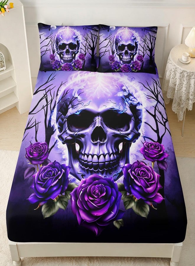 HOSIMA Death Skull Heads Twin Size Gothic Bedding Sets,Horror Theme Halloween Bedding Purple Floral Fitted Sheet Boho Sets for Teen Girls Boys Room Decor,1 Fitted Sheet+2 Pillowcases. - Image 2