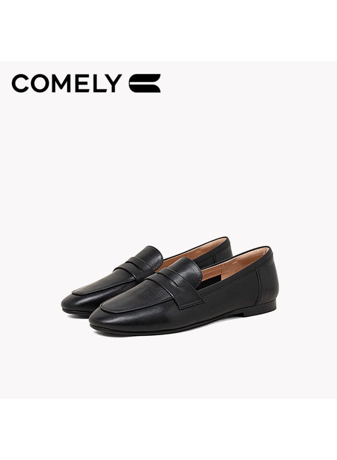 Comely Flat Slip-on Loafers For Women, Spring Season Mall Style, Lightweight Comfortable Commuter Leather Shoes, Black, Size 33 - Image 1