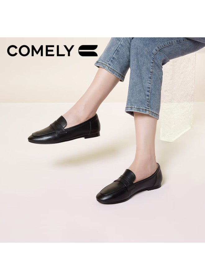 Comely Flat Slip-on Loafers For Women, Spring Season Mall Style, Lightweight Comfortable Commuter Leather Shoes, Black, Size 33 - Image 4
