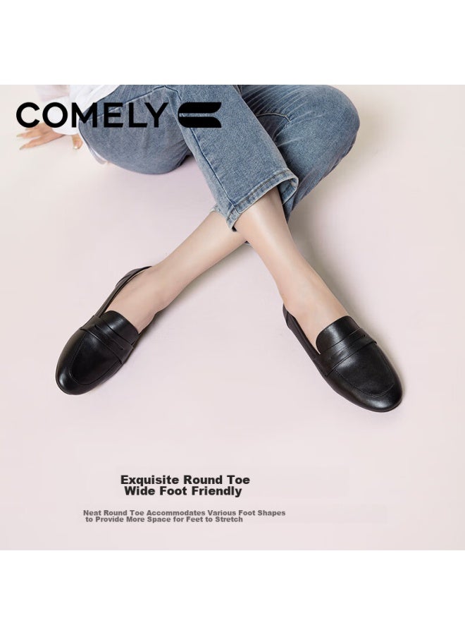 Comely Flat Slip-on Loafers For Women, Spring Season Mall Style, Lightweight Comfortable Commuter Leather Shoes, Black, Size 33 - Image 3