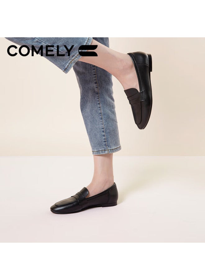 Comely Flat Slip-on Loafers For Women, Spring Season Mall Style, Lightweight Comfortable Commuter Leather Shoes, Black, Size 33 - Image 2