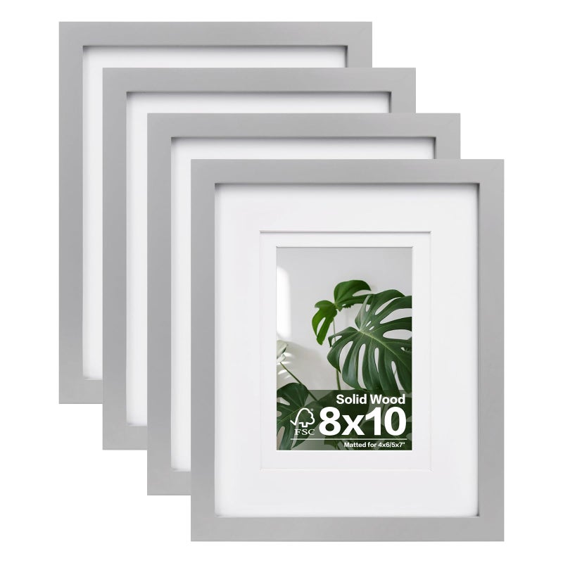 Egofine Egofine 8x10 Picture Frames 4 Pack Solid Wood Frames Covered by Plexiglass for Pictures 4x6 or 5x7 with Mat or 8x10 Without Mat Photo Frames for Table Top and Wall Display Light Gray 