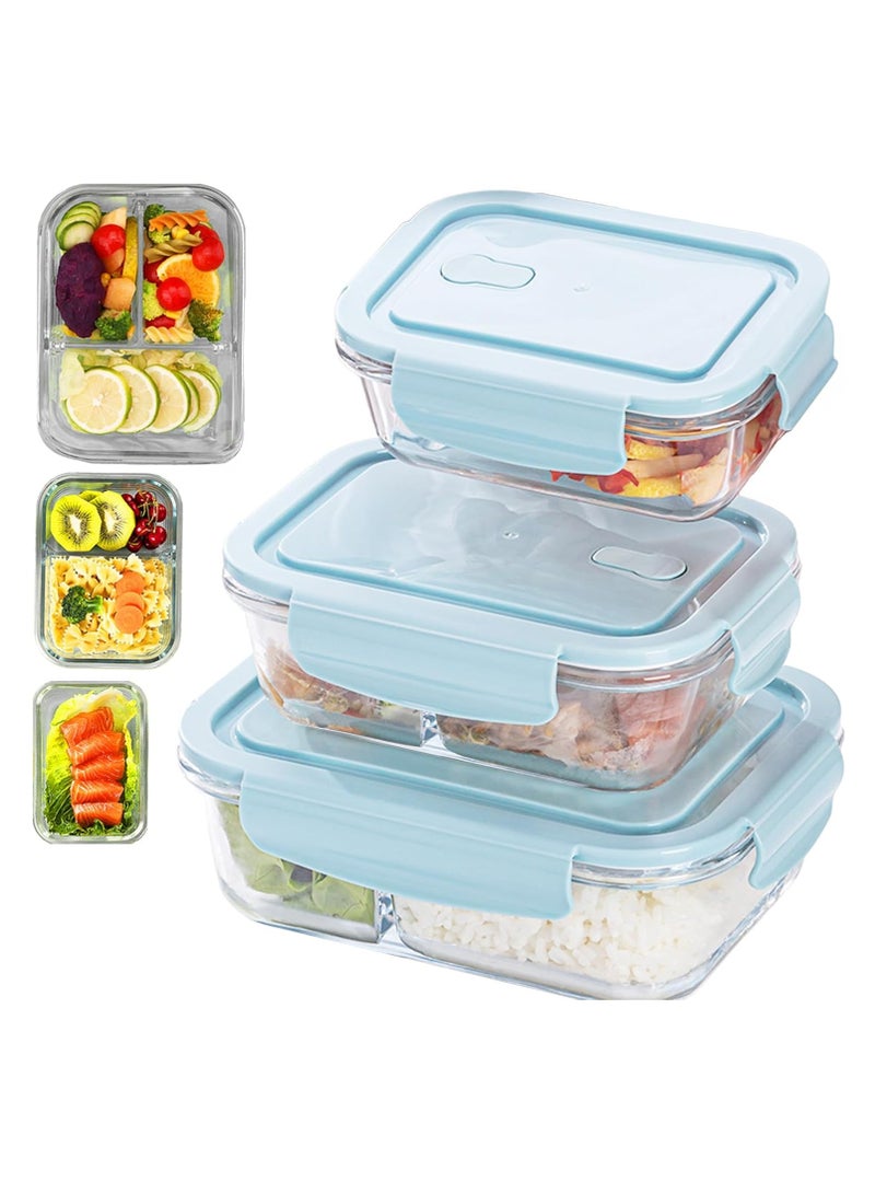 DUNISO 3 pieces glass kitchen meal preparation containers, 410ml, 650ml,960ml with durable lock lids, meal preparation containers, children's and adult glass bento boxes  - Image 1