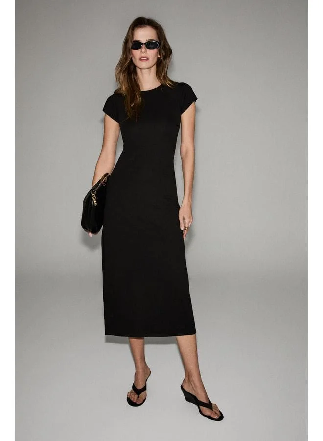 POPART Women's Soft and Stretch Fabric Bicycle Collar Slit Detailed Long Black Dress.