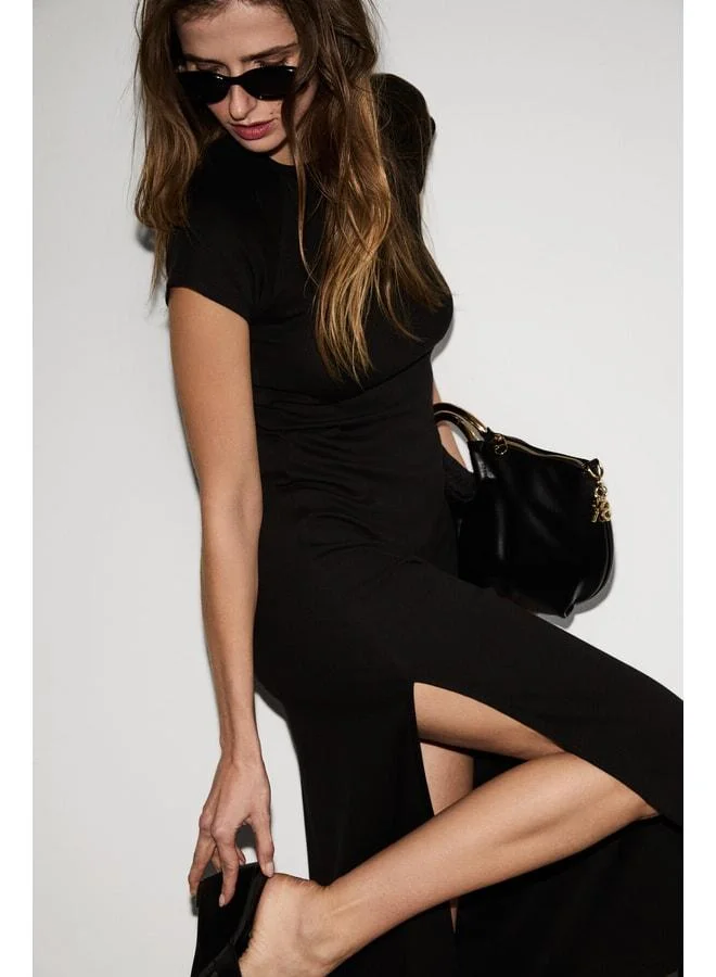 Ethiquet  POPART Women's Soft and Stretch Fabric Bicycle Collar Slit Detailed Long Black Dress. for Women | Best Price UAE