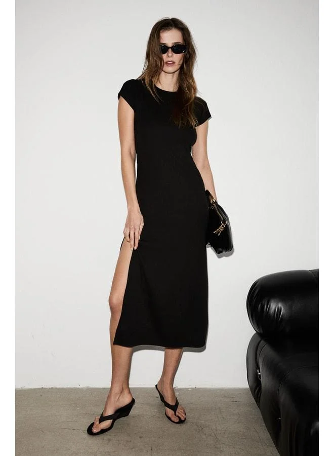 Ethiquet  POPART Women's Soft and Stretch Fabric Bicycle Collar Slit Detailed Long Black Dress. for Women | Best Price UAE
