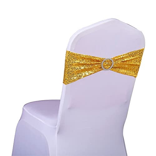 SINSSOWL Pack of 50 Spandex Sequins Chair Sashes Gold Chair Bands with Buckles, Chairs Bows Ties for Party Wedding Fiesta Decor - Sequin Gold Chair Sash - Image 2