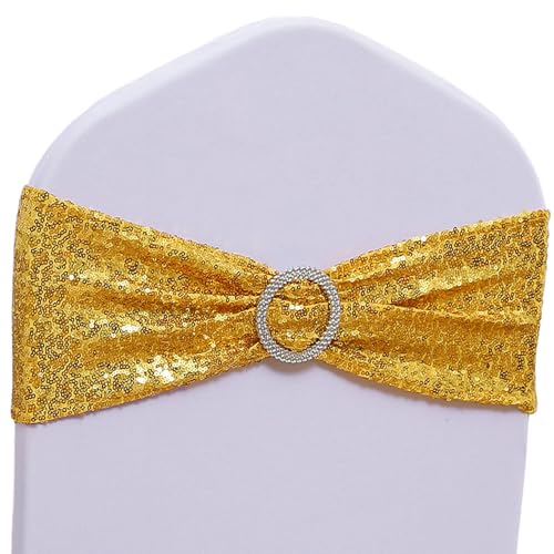 SINSSOWL Pack of 50 Spandex Sequins Chair Sashes Gold Chair Bands with Buckles, Chairs Bows Ties for Party Wedding Fiesta Decor - Sequin Gold Chair Sash - Image 1
