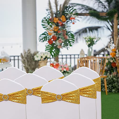SINSSOWL Pack of 50 Spandex Sequins Chair Sashes Gold Chair Bands with Buckles, Chairs Bows Ties for Party Wedding Fiesta Decor - Sequin Gold Chair Sash - Image 3