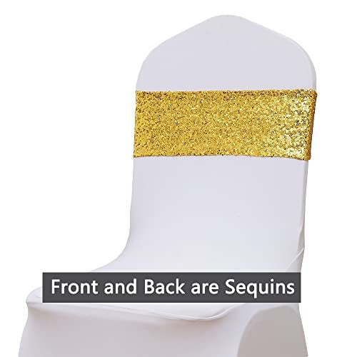 SINSSOWL Pack of 50 Spandex Sequins Chair Sashes Gold Chair Bands with Buckles, Chairs Bows Ties for Party Wedding Fiesta Decor - Sequin Gold Chair Sash - Image 4