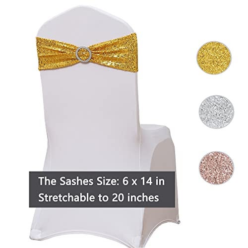 SINSSOWL Pack of 50 Spandex Sequins Chair Sashes Gold Chair Bands with Buckles, Chairs Bows Ties for Party Wedding Fiesta Decor - Sequin Gold Chair Sash - Image 5