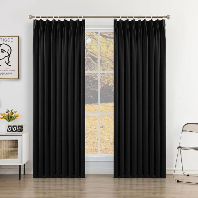 BLACK PINCH PLEAT CURTAIN 52 W X 96 L SOLID THERMAL INSULATED 95 BLACKOUT PATIO DOOR CURTAIN PANEL DRAPE FOR TRAVERSE ROD AND TRACK WITH TIEBACK ONE PANEL