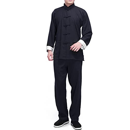 QYUU Men's Linen Kung Fu Suit Traditional Chinese Martial Art Uniform Long Sleeve Mandarin Jacket Pants Tai Chi Set (124# Black, XXL) - Image 1