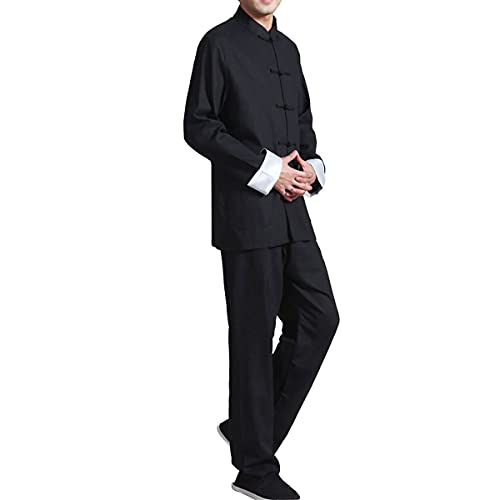 QYUU Men's Linen Kung Fu Suit Traditional Chinese Martial Art Uniform Long Sleeve Mandarin Jacket Pants Tai Chi Set (124# Black, XXL) - Image 5