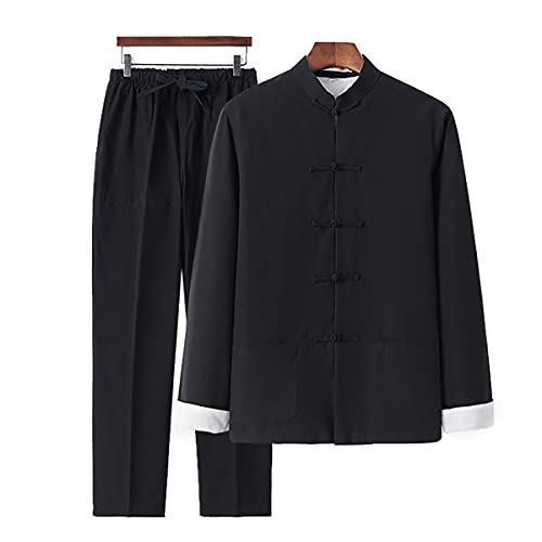 QYUU Men's Linen Kung Fu Suit Traditional Chinese Martial Art Uniform Long Sleeve Mandarin Jacket Pants Tai Chi Set (124# Black, XXL) - Image 3