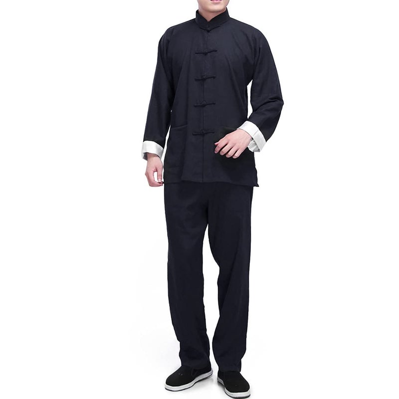 QYUU Men's Linen Kung Fu Suit Traditional Chinese Martial Art Uniform Long Sleeve Mandarin Jacket Pants Tai Chi Set (124# Black, XXL) - Image 2