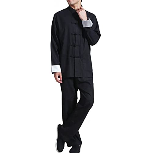QYUU Men's Linen Kung Fu Suit Traditional Chinese Martial Art Uniform Long Sleeve Mandarin Jacket Pants Tai Chi Set (124# Black, XXL) - Image 4