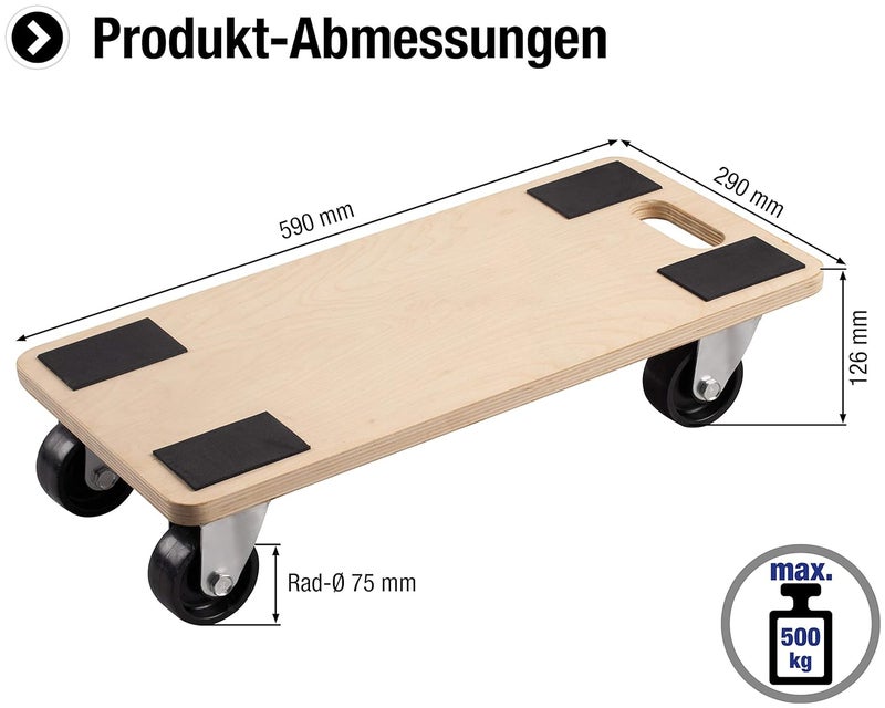 Metafranc Transport Roller 590 x 290 mm - 500 kg Load Capacity - Plywood - PP Wheels/Furniture Roller/Transport Aid for Moving/Trolley for Furniture Transport/Wooden Box Roller / 822120 Wood - Image 2