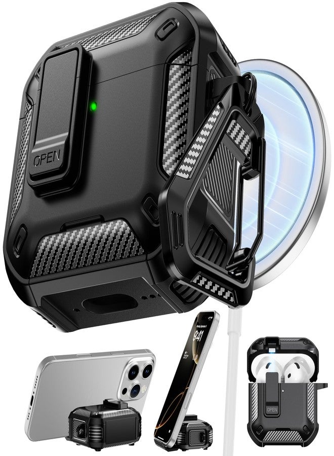 روفونجوانجو جراب حماية متوافق مع سماعات AirPods من الجيل الرابع من RFUNGUANGO، مزود بحامل للهاتف ووظيفة شفط مغناطيسي خلفي، مناسب لسماعات AirPods من الجيل الرابع، أسود - Image 1