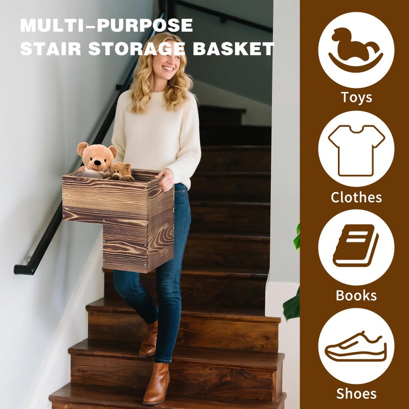 THOOUM Wooden Stair Basket with Handles, 235mm Wide Staircase Basket Organizer for Carpeted & Wooden Stairs - Image 5