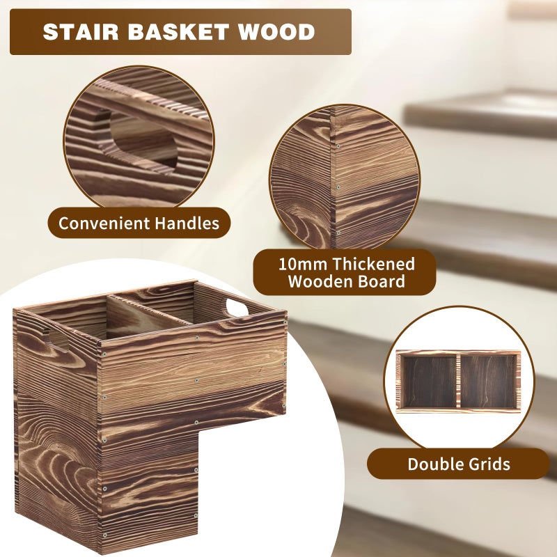 THOOUM Wooden Stair Basket with Handles, 235mm Wide Staircase Basket Organizer for Carpeted & Wooden Stairs - Image 3