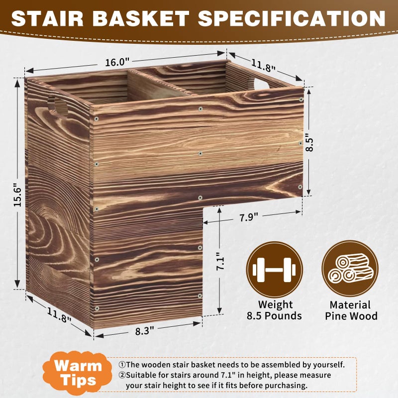 THOOUM Wooden Stair Basket with Handles, 235mm Wide Staircase Basket Organizer for Carpeted & Wooden Stairs - Image 2