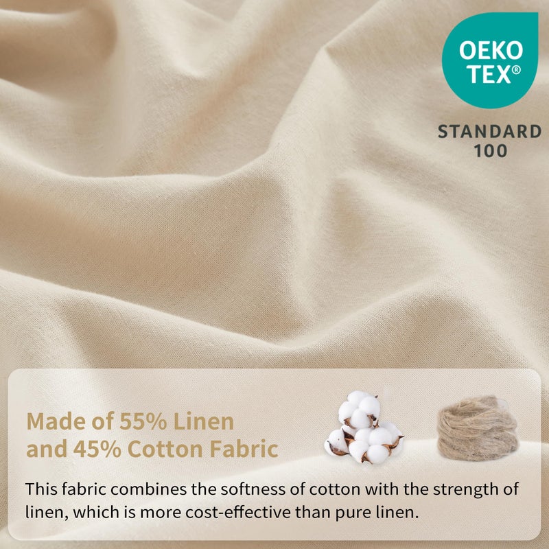 Simple&Opulence مجموعة ملاءات بلجيكية بسيطة وفاخرة من الكتان بلون موحد - 4 قطع (1 ملاءة مسطحة، 1 ملاءة مطاطية و2 غطاء وسادة) مزيج من الكتان والقطن الطبيعي ناعم وقابل للتنفس - حجم كوين، كتان/بيج - Image 2