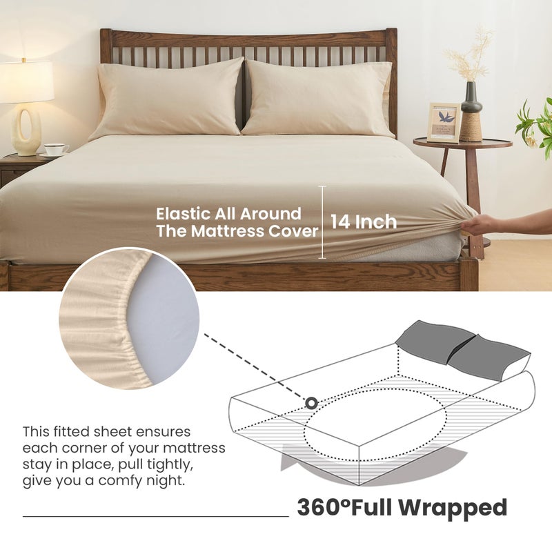 Simple&Opulence مجموعة ملاءات بلجيكية بسيطة وفاخرة من الكتان بلون موحد - 4 قطع (1 ملاءة مسطحة، 1 ملاءة مطاطية و2 غطاء وسادة) مزيج من الكتان والقطن الطبيعي ناعم وقابل للتنفس - حجم كوين، كتان/بيج - Image 4