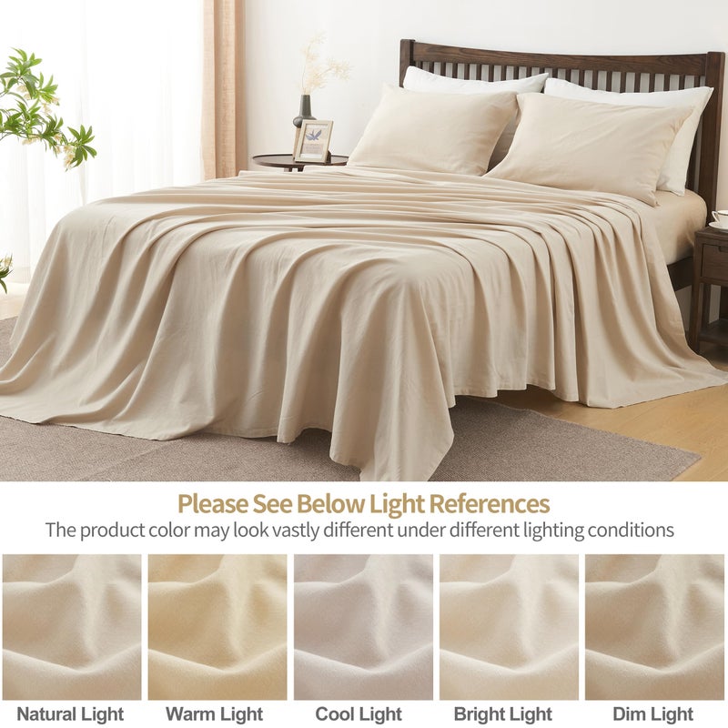 Simple&Opulence مجموعة ملاءات بلجيكية بسيطة وفاخرة من الكتان بلون موحد - 4 قطع (1 ملاءة مسطحة، 1 ملاءة مطاطية و2 غطاء وسادة) مزيج من الكتان والقطن الطبيعي ناعم وقابل للتنفس - حجم كوين، كتان/بيج - Image 5