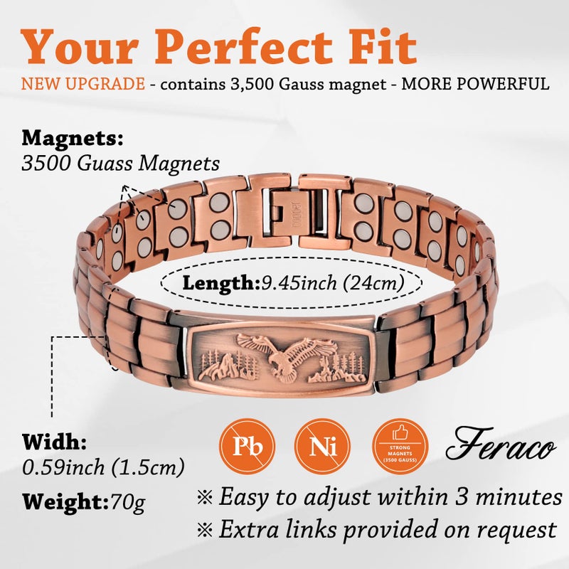 Feraco Copper Bracelet for Men-Magnetic Bracelets 99.99% Pure Copper Jewelry Gift with Adjustable Sizing Tool, Magnetic Field Therapy Jewelry with Eagle Pattern - Image 2